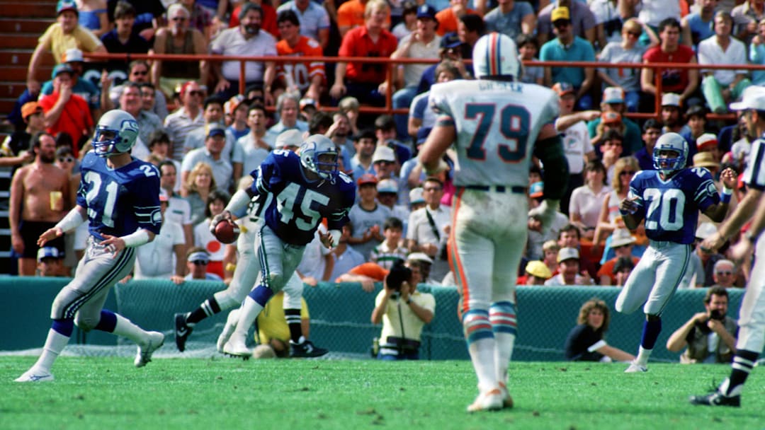 Dec 29, 1984; Miami, FL, USA; FILE PHOTO; Seattle Seahawks safety (45) Kenny Easley in action 