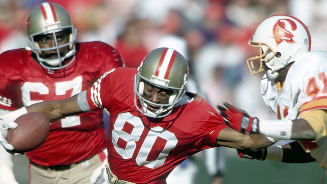 Dec 19, 1992; San Francisco, CA, USA; FILE PHOTO; San Francisco 49ers receiver #80 JERRY RICE in action against the Tampa Bay Buccaneers at Candlestick Park. The 49ers defeated the Bucs 21-14. 