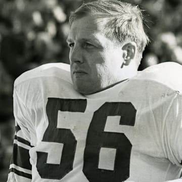 Jan 17, 1960; Los Angeles, CA, USA; FILE PHOTO; Detroit Lions linebacker Joe Schmidt (56) on the bench during the 1960 Pro Bowl at the Coliseum. Mandatory Credit: Darryl Norenberg-Imagn Images