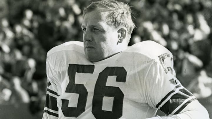 Jan 17, 1960; Los Angeles, CA, USA; FILE PHOTO; Detroit Lions linebacker Joe Schmidt (56) on the bench during the 1960 Pro Bowl at the Coliseum. Mandatory Credit: Darryl Norenberg-Imagn Images