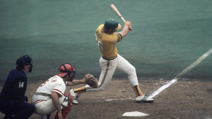 Oct 1972; unknown location, USA, FILE PHOTO; Oakland Athletics left fielder Joe Rudi (26) in action against the Cincinnati Reds during the 1972 World Series. Mandatory Credit: Malcolm Emmons-USA TODAY Network.