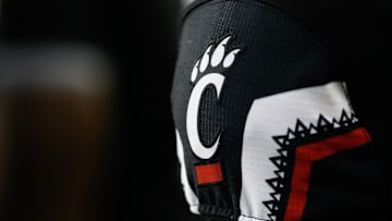 Sep 5, 2015; Cincinnati, OH, USA; A detailed view of the Cincinnati Bearcats logo on a jersey at Nippert Stadium. The Bearcats won 52-10. Mandatory Credit: Aaron Doster-Imagn Images