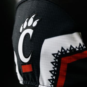 Sep 5, 2015; Cincinnati, OH, USA; A detailed view of the Cincinnati Bearcats logo on a jersey at Nippert Stadium. The Bearcats won 52-10. Mandatory Credit: Aaron Doster-Imagn Images