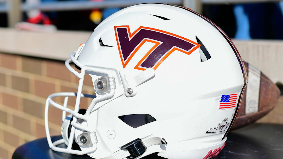 Nov 11, 2023; Chestnut Hill, Massachusetts, USA; A Virginia Tech Hokies helmet rest on a table during the first half against the Boston College Eagles at Alumni Stadium. Mandatory Credit: Eric Canha-Imagn Images