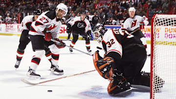Unknown Date, 2001; East Rutherford, NJ, USA; FILE PHOTO; New Jersey Devils defensemen Scott Niedermayer (27) and Turner Stevenson (24) in action against Philadelphia Flyers goalie Roman Cechmanek (32), Kim Johnsson (5) and Simon Gagne (12) at Continental Airlines Arena.