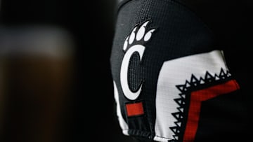 Sep 5, 2015; Cincinnati, OH, USA; A detailed view of the Cincinnati Bearcats logo on a jersey at Nippert Stadium. The Bearcats won 52-10. Mandatory Credit: Aaron Doster-Imagn Images