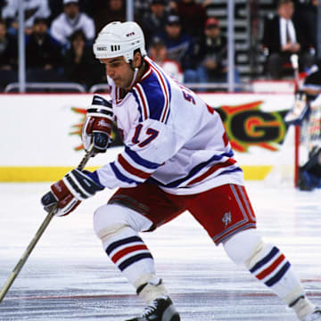 Jan 7, 1999; Washington, DC, USA; FILE PHOTO; New York Rangers left wing Kevin Stevens (17) in action against the Washington Capitals at the MCI Center. Mandatory Credit: Lou Capozzola-USA TODAY NETWORK