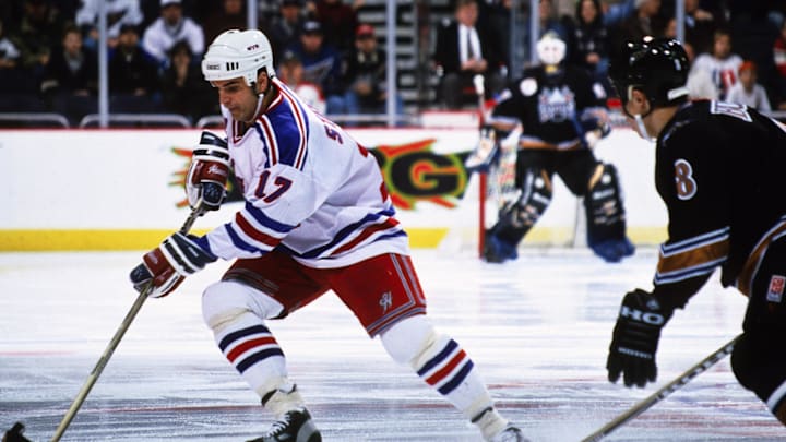 Jan 7, 1999; Washington, DC, USA; FILE PHOTO; New York Rangers left wing Kevin Stevens (17) in action against the Washington Capitals at the MCI Center. Mandatory Credit: Lou Capozzola-USA TODAY NETWORK