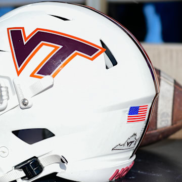 Nov 11, 2023; Chestnut Hill, Massachusetts, USA; A Virginia Tech Hokies helmet rest on a table during the first half against the Boston College Eagles at Alumni Stadium. Mandatory Credit: Eric Canha-Imagn Images