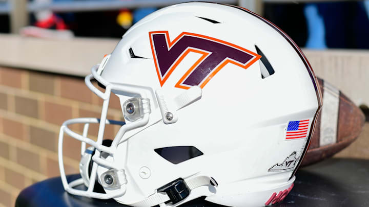 Nov 11, 2023; Chestnut Hill, Massachusetts, USA; A Virginia Tech Hokies helmet rest on a table during the first half against the Boston College Eagles at Alumni Stadium. Mandatory Credit: Eric Canha-Imagn Images