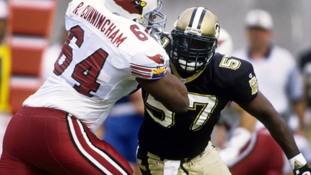 Oct 31, 1993; FILE PHOTO; New Orleans Saints linebacker Rickey Jackson (57) rushes against the Phoenix Cardinals 