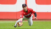 Aug 25, 2024; Cleveland, Ohio, USA; Cleveland Guardians left fielder Steven Kwan (38) catches a ball hit by Texas Rangers third baseman Ezequiel Duran (not pictured) during the third inning at Progressive Field. Mandatory Credit: Ken Blaze-Imagn Images