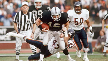 Dec 27, 1987; Los Angeles, CA, USA; FILE PHOTO; Los Angeles Raiders tight end Todd Christensen (46) in action against Chicago Bears defensive back James Davis (45) at Los Angeles Memorial Coliseum. Mandatory Credit: Peter Brouillet-USA TODAY NETWORK