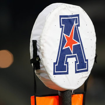 Sep 5, 2015; Cincinnati, OH, USA; A detailed view of the American Athletic Conference logo on a