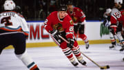 Nov 8, 1997; Uniondale, NY, USA; FILE PHOTO; Chicago Blackhawks center Greg Johnson (22) in action against the New York Islanders at Nassau Coliseum. Mandatory Credit: Lou Capozzola-USA TODAY NETWORK