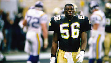 Jan 13, 1988; New Orleans, LA, USA; FILE PHOTO; New Orleans Saints linebacker Pat Swilling (56) walks to the sideline against the Minnesota Vikings in the 1987 NFC Wild Card Playoff Game at the Superdome. The Vikings defeated the Saints 44-10. Mandatory Credit: MPS-Imagn Images