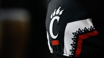 Sep 5, 2015; Cincinnati, OH, USA; A detailed view of the Cincinnati Bearcats logo on a jersey at Nippert Stadium. The Bearcats won 52-10. Mandatory Credit: Aaron Doster-Imagn Images