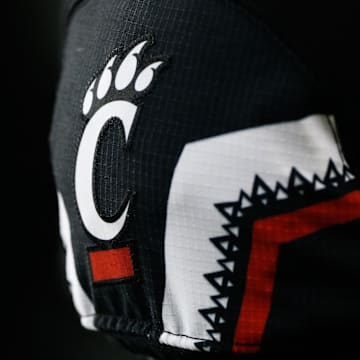 Sep 5, 2015; Cincinnati, OH, USA; A detailed view of the Cincinnati Bearcats logo on a jersey at Nippert Stadium. The Bearcats won 52-10. Mandatory Credit: Aaron Doster-Imagn Images