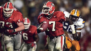 Oct 3, 1998; Baton Rouge, LA, USA; FILE PHOTO; Georgia Bulldogs quarterback Quincy Carter (17) in action against the LSU Fighting Tigers at Tiger Stadium. Mandatory Credit: RVR Photos-USA TODAY Network