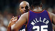 Unknown date 1993; Portland, OR, USA: Phoenix Suns forward Charles Barkley (34) talks to center Oliver Miller (25) against the Portland Trail Blazers at Memorial Coliseum. Mandatory Credit: Imagn Images