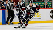 Oct 11, 2025; Denver, Colorado, USA; Colorado Avalanche center Martin Necas (88) controls the puck in the third period against the Dallas Stars at Ball Arena. Mandatory Credit: Isaiah J. Downing-Imagn Images