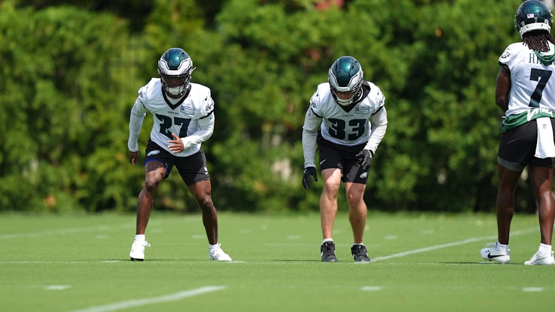 Jun 10, 2025; Philadelphia, PA, USA; Philadelphia Eagles defensive back Quinyon Mitchell (27) performs a practice drill with defensive back Cooper DeJean (33) at NovaCare Complex. Mandatory Credit: Kyle Ross-Imagn Images