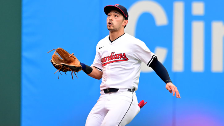 May 4, 2024; Cleveland, Ohio, USA; Cleveland Guardians left fielder Steven Kwan (38) catches a ball hit by Los Angeles Angels center fielder Mickey Moniak (not pictured) during the third inning at Progressive Field. Mandatory Credit: Ken Blaze-USA TODAY Sports