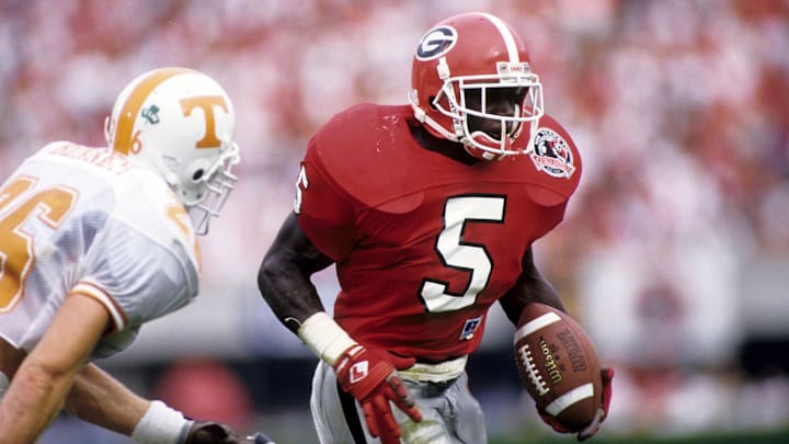 Sep 12, 1992; Athens, GA, USA; FILE PHOTO; Georgia Bulldogs running back Garrison Hearst (5) in action against the Tennessee Volunteers at Stanford Stadium. Mandatory Credit: RVR Photos-Imagn Images 