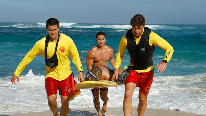 RESCUE: HI SURF: L-R: Alex Aiono, Kekoa Kekumano and Adam Demos. RESCUE: HI SURF premieres this Fall on FOX. ©2024 Fox Media LLC. CR: Zack Dougan/FOX