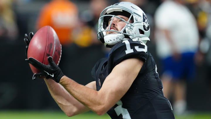 Sep 24, 2023; Paradise, Nevada, USA; Las Vegas Raiders wide receiver Hunter Renfrow (13) warms up before a game against the Pittsburgh Steelers at Allegiant Stadium.