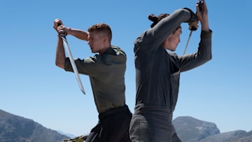 Rand (Josha Stradowski) and Lan (Daniel Henney) in The Wheel of Time season 3. Image: Prime Video.