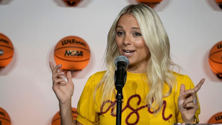 Molly Miller (ASU women’s basketball head coach) speaks during the NCAA Women's Final Four Countdown clock unveiling at Phoenix Sky Harbor Terminal 4 on Aug. 19, 2025. Molly Miller (ASU women’s basketball head coach) speaks during the NCAA Women's Final Four Countdown clock unveiling at Phoenix Sky Harbor Terminal 4 on Aug. 19, 2025.
