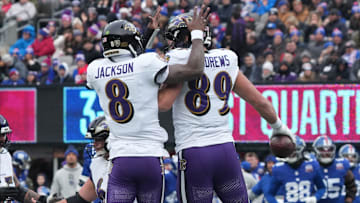 East Rutherford, NJ -- December 15, 2024 -- Lamar Jackson and Mark Andrews of the Ravens after Andrews scored a TD in the first half. The Baltimore Ravens came to MetLife Stadium to play the New York Giants.