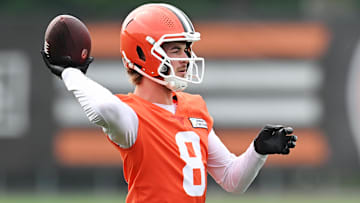 Jun 12, 2025; Berea, OH, USA; Cleveland Browns quarterback Kenny Pickett (8) throws a pass during mini camp at CrossCountry Mortgage Campus. Mandatory Credit: Ken Blaze-Imagn Images