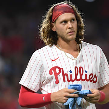 Aug 26, 2024; Philadelphia, Pennsylvania, USA; Philadelphia Phillies third base Alec Bohm (28) against the Houston Astros during the fourth inning at Citizens Bank Park