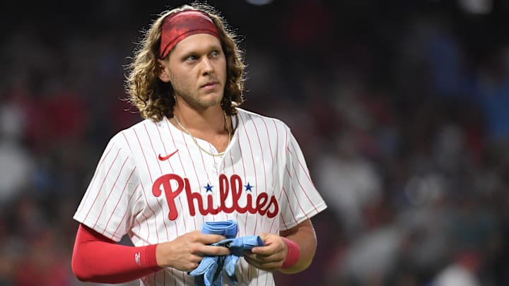 Aug 26, 2024; Philadelphia, Pennsylvania, USA; Philadelphia Phillies third base Alec Bohm (28) against the Houston Astros during the fourth inning at Citizens Bank Park