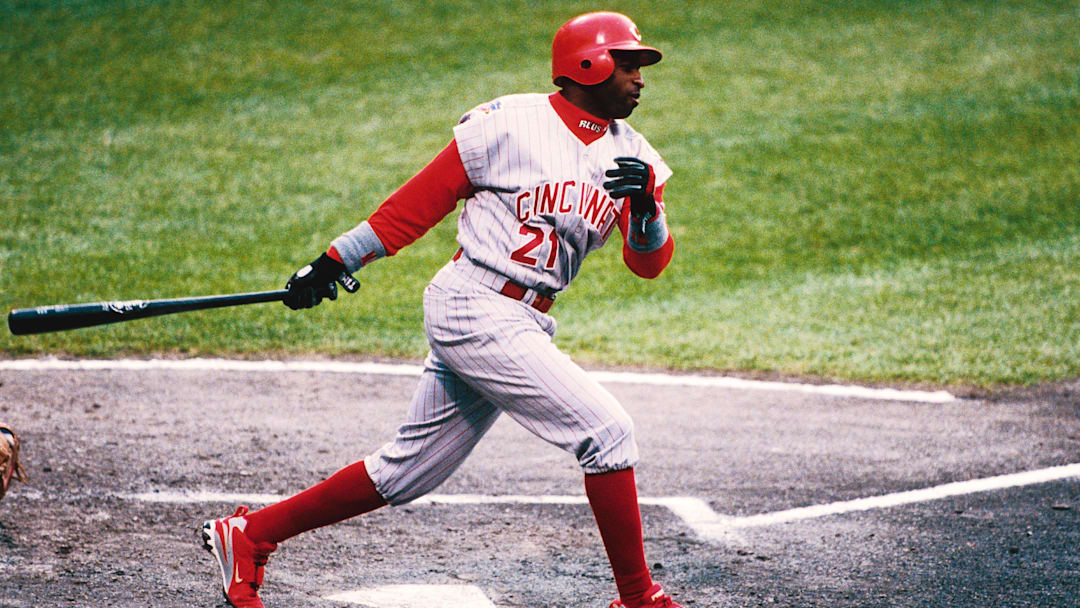 1997; Unknown date, USA; FILE PHOTO; Cincinnati Reds centerfielder Deion Sanders in action at the plate during the 1997 season. Mandatory Credit: Tony Tomsic-USA TODAY NETWORK