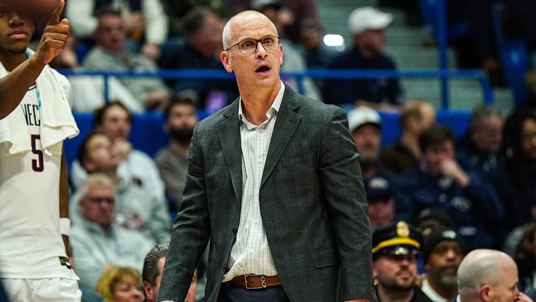 Jan 21, 2025; Storrs, Connecticut, USA; UConn Huskies head coach Dan Hurley watches from the sideline as they take on the Butler Bulldogs at Harry A. Gampel Pavilion. Mandatory Credit: David Butler II-Imagn Images
