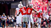 Ohio State safety Caleb Downs (2) and linebacker Arvell Reese (8) celebrate in the second half of the Buckeyes' season-opening win over Texas.