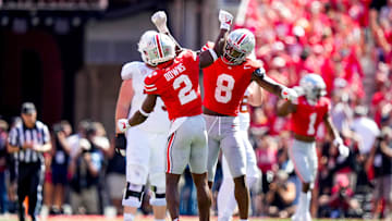 Ohio State Buckeyes safety Caleb Downs (2) and linebacker Arvell Reese (8) celebrate in the second half at Ohio Stadium on Saturday, Aug. 30, 2025 in Columbus, Ohio.