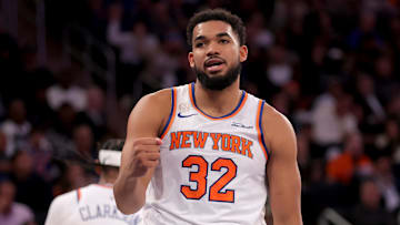 Oct 22, 2025; New York, New York, USA; New York Knicks center Karl-Anthony Towns (32) reacts during the fourth quarter against the Cleveland Cavaliers at Madison Square Garden. Mandatory Credit: Brad Penner-Imagn Images