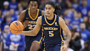 Dec 14, 2022; Newark, New Jersey, USA; Drexel Dragons guard Kobe Magee (5) dribbles up court against the Seton Hall Pirates during the first half at Prudential Center. Mandatory Credit: Vincent Carchietta-Imagn Images