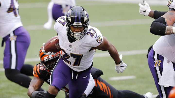 Jan 3, 2021; Cincinnati, Ohio, USA; Baltimore Ravens running back J.K. Dobbins (27) runs for the touchdown during the second half against the Cincinnati Bengals at Paul Brown Stadium. Mandatory Credit: Joseph Maiorana-Imagn Images Jan 3, 2021; Cincinnati, Ohio, USA; Baltimore Ravens running back J.K. Dobbins (27) runs for the touchdown during the second half against the Cincinnati Bengals at Paul Brown Stadium. Mandatory Credit: Joseph Maiorana-Imagn Images