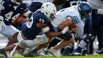 Penn State football linebacker Tony Rojas (13) sacks Villanova Wildcats quarterback Tanner Maddocks (3) 