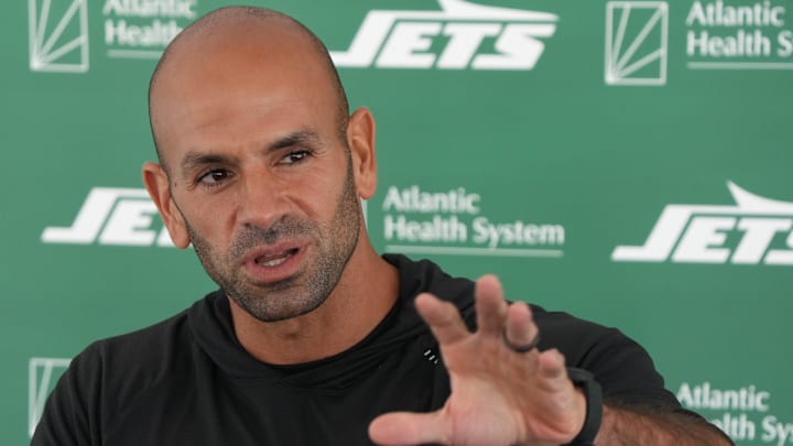 Florham Park, NJ -- August 21, 2024 -- Jets head coach Robert Saleh during press conference before practice. The New York Giants came to the Atlantic Health Jets Training Center in Florham Park, New Jersey to take part in a joint practice with the New York Jets.