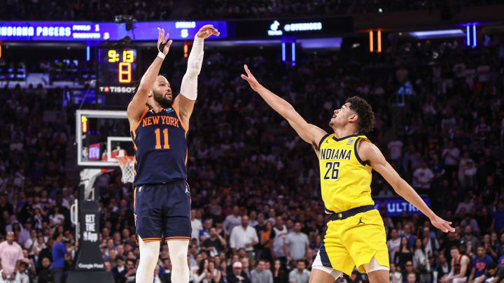 May 8, 2024; New York, New York, USA; New York Knicks guard Jalen Brunson (11) shoots over Indiana Pacers guard Ben Sheppard (26) in the fourth quarter during game two of the second round for the 2024 NBA playoffs at Madison Square Garden. Mandatory Credit: Wendell Cruz-USA TODAY Sports