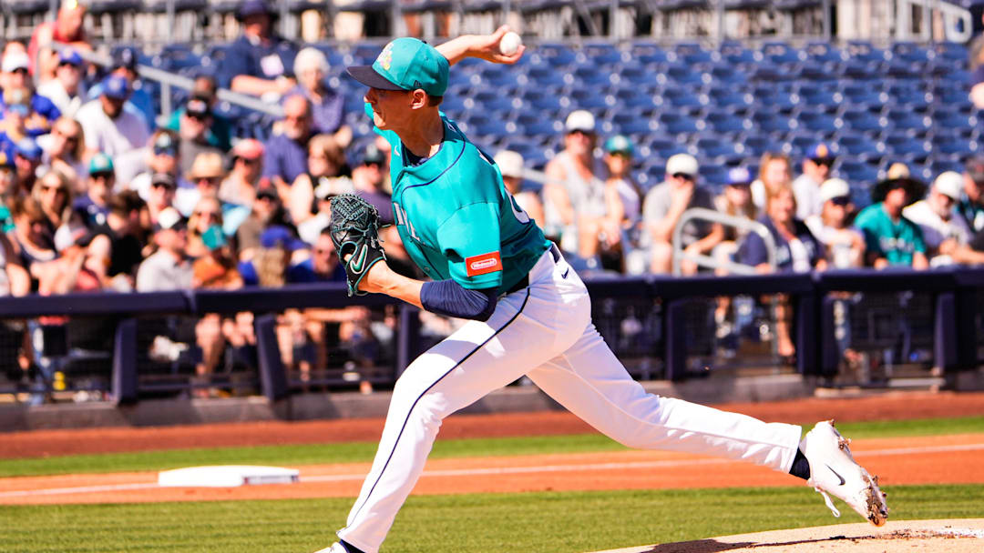 Seattle Mariners pitcher George Kirby (68) during the first inning in Peoria, Arizona.
