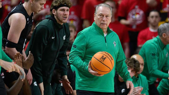 Feb 26, 2025; College Park, Maryland, USA; Michigan State Spartans head coach Tom Izzo looks on during the first half against the Maryland Terrapins at Xfinity Center. Mandatory Credit: Reggie Hildred-Imagn Images