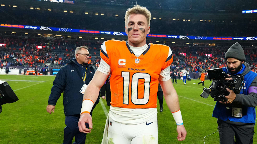 Jan 17, 2026; Denver, CO, USA; Denver Broncos quarterback Bo Nix (10) reacts after winning an AFC Divisional Round playoff game against the Buffalo Bills at Empower Field at Mile High. 