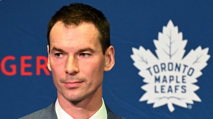 May 4, 2026; Toronto, Ontario, CANADA; Toronto Maple Leafs general manager John Chayka speaks to the media  at Real Sports Bar. Mandatory Credit: Dan Hamilton-Imagn Images